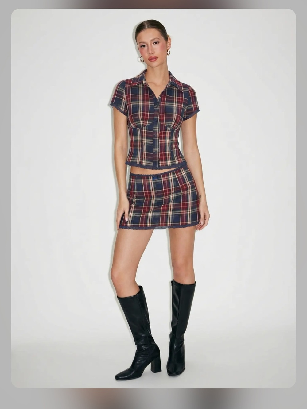 Cider Navy Red Plaid Two-Piece Mini Skirt Set